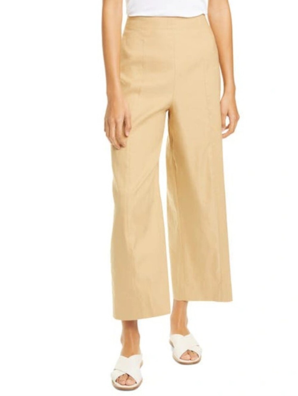 Vince Linen Blend Cropped Wide Leg Pants Sun Khaki Beige Cream Size 14
